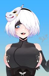 Rule 34 | 1girl, 2b (nier:automata), absurdres, black dress, black hairband, black sleeves, blue background, blue eyes, breasts, china dress, chinese clothes, covered collarbone, detached sleeves, dress, flower knot, fox mask, gradient background, hair over one eye, hairband, highres, large breasts, mask, mask on head, mole, mole under mouth, nier:automata, nier (series), open mouth, rumi (rumigawa31), short hair, signature, sleeveless, sleeveless dress, solo, teeth, tongue, upper body, upper teeth only, white hair
