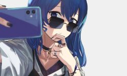 Rule 34 | 1girl, alternate costume, alternate hairstyle, blue choker, blue eyes, blue hair, blue nails, blurry, blurry foreground, cellphone, choker, closed mouth, commentary, depth of field, grey background, hair between eyes, hand on own chin, highres, holding, holding phone, hololive, hoshimachi suisei, jewelry, looking at viewer, looking over eyewear, looking over glasses, medium hair, multiple rings, nail polish, phone, portrait, pyytato, rimless eyewear, ring, selfie, selfie pose, shirt, simple background, smartphone, solo, star (symbol), star choker, star in eye, sunglasses, symbol-only commentary, symbol in eye, tinted eyewear, virtual youtuber, white shirt, wristband