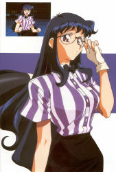 Rule 34 | 1990s (style), 1girl, black hair, game, glasses, highres, kimura takahiro, long hair, ova, retro artstyle, variable geo, very long hair, waitress, yanase kaori