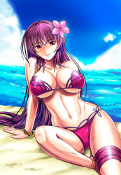 Rule 34 | 1girl, anklet, arm support, beach, bikini, blush, bracelet, breasts, cameltoe, cleavage, collarbone, day, fate/grand order, fate (series), flower, hair flower, hair ornament, heart o-ring, heart ring top, highres, jewelry, kumoi takashi, large breasts, long hair, looking at viewer, navel, ocean, outdoors, parted lips, purple bikini, purple hair, red eyes, sarong, scathach (fate), scathach (fate/grand order), scathach (swimsuit assassin) (fate), sitting, smile, solo, sweat, swimsuit, thigh strap, underboob, very long hair