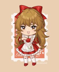 Rule 34 | 1girl, apron, bow, brown eyes, brown hair, chibi, chibi only, commentary, dress, elise liedl, green brooch, hair bow, highres, little goody two shoes, long hair, lydia (thesoundoffreedom), red bow, red dress, ribbon-trimmed socks, smile, solo, symbol-only commentary, white apron