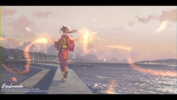 Rule 34 | 1girl, absurdres, alphonse (white datura), brown hair, cloud, dusk, fireworks, from behind, hair ribbon, highres, japanese clothes, kimono, letterboxed, long hair, looking to the side, obi, ocean, original, outdoors, red kimono, ribbon, running, sandals, sash, scenery, sky, solo, sparkler, twintails, yukata
