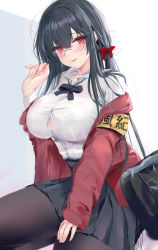 Rule 34 | 1girl, absurdres, armband, azur lane, bad id, bad pixiv id, bag, black bow, black bowtie, black hair, black skirt, blush, bow, bowtie, breasts, brown pantyhose, button gap, collared shirt, glasses, hair between eyes, hair bow, hand up, highres, jacket, large breasts, long hair, looking at viewer, loose bowtie, lshiki, off shoulder, official alternate costume, pantyhose, parted lips, pleated skirt, red bow, red eyes, red jacket, school bag, school uniform, shirt, shirt tucked in, shoulder bag, skirt, sleeveless, sleeveless shirt, smile, solo, taihou (azur lane), taihou (sweet time after school) (azur lane), white shirt, yellow armband
