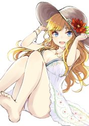 Rule 34 | 10s, 1girl, :d, arm up, ass, bare legs, barefoot, blonde hair, blue eyes, blush, bracelet, breasts, brown hat, cleavage, dress, feet, floral print, flower, foreshortening, hat, hat flower, highres, holding, holding clothes, holding hat, idolmaster, idolmaster cinderella girls, jewelry, legs, long hair, looking at viewer, medium breasts, minato (shouno), necklace, ohtsuki yui, open mouth, panties, pantyshot, pendant, round teeth, simple background, sitting, sleeveless, sleeveless dress, smile, soles, solo, sun hat, sundress, teeth, underwear, upskirt, white background, white dress, white panties