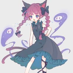 Rule 34 | 1girl, :d, adapted costume, animal ears, bare shoulders, black bow, blush, bow, braid, cat ears, cat tail, dress, extra ears, fang, feet out of frame, floating skull, grey background, hair bow, highres, hitodama, kaenbyou rin, leg ribbon, long hair, m (m073111), multiple tails, nekomata, open mouth, red hair, ribbon, simple background, smile, solo, tail, touhou, twin braids, twintails, two tails