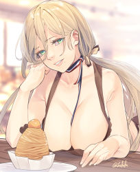 Rule 34 | 1girl, between breasts, bikini, breasts, brown bikini, cleavage, collarbone, fuwafuwatoufu, green eyes, grin, highres, kantai collection, large breasts, lips, long hair, looking at viewer, low twintails, mole, mole under eye, mole under mouth, richelieu (kancolle), smile, solo, swimsuit, twintails
