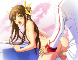 Rule 34 | 10s, ass, ass grab, blush, brown hair, censored, from behind, green eyes, hair ribbon, huang lingyin, infinite stratos, long hair, nipples, nude, open mouth, ribbon, sex, twintails, vaginal