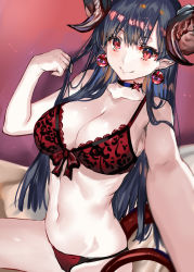 Rule 34 | 1girl, bare shoulders, black hair, blurry, blush, bra, breasts, choker, cleavage, cowboy shot, demon girl, demon horns, demon tail, depth of field, dutch angle, foreshortening, from side, horns, indoors, long hair, looking at viewer, navel, original, panties, pointy ears, ran&#039;ou (tamago no kimi), reaching, reaching towards viewer, red bra, red eyes, red panties, selfie, sitting, solo, tail, underwear, underwear only