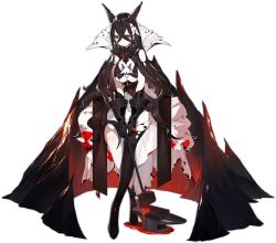 Rule 34 | 1girl, anvil, ark order, artist request, black cape, black dress, black gloves, black hair, black thighhighs, breasts, cape, clothing cutout, crossed bangs, dress, expressionless, flower, flower ring, gloves, hair ornament, hammer, hephaestus (ark order), holding, holding hammer, jewelry, large breasts, long hair, lava, multicolored clothes, multicolored dress, official art, pale skin, red eyes, red flower, red rose, ring, rock, rose, sideboob, single sock, single thighhigh, sitting, socks, solo, tachi-e, thighhighs, transparent background, underboob cutout, very long hair, white dress