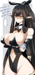 Rule 34 | 1girl, angry, animal ears, arms under breasts, bare shoulders, black leotard, breast hold, breasts, brown hair, cleavage, clothing cutout, crossed arms, detached collar, elbow gloves, english text, fake animal ears, fate/apocrypha, fate (series), frown, gin moku, gloves, grabbing, groin, highleg, highleg leotard, highres, large breasts, leotard, long hair, looking at viewer, navel, navel cutout, no bra, no panties, playboy bunny, pointy ears, ponytail, rabbit ears, rabbit tail, semiramis (fate), shaded face, sideboob, sidelocks, slit pupils, solo, stomach, stomach cutout, tail, twintails, very long hair, wide hips, wrist cuffs, yellow eyes