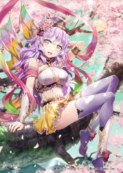 Rule 34 | 1girl, arm support, armlet, breasts, cleavage, day, dress, floating hair, gabiran, gradient dress, hair between eyes, hand in own hair, in tree, long hair, looking at viewer, medium breasts, official art, outdoors, purple hair, purple thighhighs, shinkai no valkyrie, shiny skin, sitting, sitting in tree, sleeveless, sleeveless dress, solo, thighhighs, tree, very long hair, white dress, yellow dress, yellow eyes