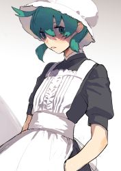 Rule 34 | 1girl, apron, bad id, bad pixiv id, black dress, center frills, commentary, dress, frills, green eyes, green hair, grey background, hands in pockets, hat, katsuoboshi, kemono friends, maid, maid apron, parted lips, short hair, short sleeves, solo, tsuchinoko (kemono friends), white apron, white hat
