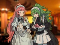 Rule 34 | 2girls, apron, belt pouch, black dress, cake, cake slice, cretaceum, cup, dress, food, frilled apron, frills, girls&#039; frontline, green hair, hair flaps, holding, holding cup, holding plate, holding teapot, juliet sleeves, long hair, long sleeves, m950a (girls&#039; frontline), m950a (home ec training) (girls&#039; frontline), maid, maid headdress, multiple girls, ntw-20 (girls&#039; frontline), ntw-20 (the aristocrat experience) (girls&#039; frontline), official alternate costume, pink eyes, pink hair, plate, ponytail, pouch, puffy sleeves, smile, teacup, teapot, yellow eyes
