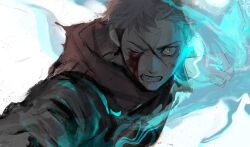 Rule 34 | 1boy, aura, black jacket, blood, blood on face, bloody tears, clenched hand, clenched teeth, cuts, fighting stance, highres, hood, hood down, hoodie, injury, itadori yuuji, jacket, jujutsu kaisen, long sleeves, looking at viewer, male focus, n9c4z, one eye closed, open mouth, red hoodie, short hair, solo, teeth, undercut, upper body, v-shaped eyebrows, white background