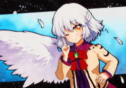 Rule 34 | 1girl, black border, blue background, border, bow, brown jacket, closed mouth, dress, eyes visible through hair, feathers, hair between eyes, hand on own hip, hand up, jacket, kishin sagume, one eye closed, purple dress, qqqrinkappp, red bow, red neckwear, short hair, smile, solo, touhou, traditional media, white hair, wings, yellow eyes, yellow jacket