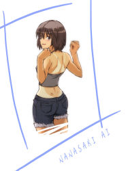 Rule 34 | 1girl, amagami, arms up, asymmetrical clothes, back, black eyes, black hair, character name, denim, denim shorts, dimples of venus, from behind, halterneck, looking at viewer, looking back, nanasaki ai, one-piece tan, short hair, shorts, sideways mouth, simple background, smile, solo, tamago, tamago (yotsumi works), tan, tank top, tanline, white background