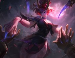 Rule 34 | 1girl, bare shoulders, blood moon evelynn, blue eyes, breasts, cleavage, evelynn (league of legends), japanese clothes, kimono, large breasts, league of legends, looking at viewer, official art, red hair