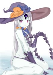 Rule 34 | 1girl, abigail williams (fate), abigail williams (third ascension) (fate), absurdres, blue bow, blush, bow, closed mouth, commentary request, elbow gloves, fate/grand order, fate (series), gloves, hat, hat bow, highres, holding, kuse (0201), long hair, looking at viewer, looking to the side, orange bow, pale skin, panties, parted bangs, purple eyes, purple gloves, purple hat, purple panties, revealing clothes, silver hair, sitting, solo, topless, underwear, very long hair, wariza, water, white background, witch hat