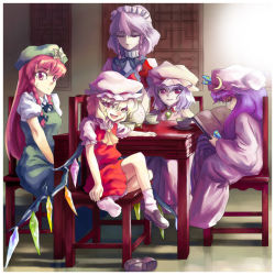 Rule 34 | 5girls, alternate eye color, blonde hair, book, bow, braid, chair, collared shirt, embodiment of scarlet devil, closed eyes, female focus, flandre scarlet, hair bow, hat, hong meiling, indoors, izayoi sakuya, long sleeves, looking at viewer, maid headdress, mob cap, multiple girls, oisin, on chair, patchouli knowledge, puffy short sleeves, puffy sleeves, purple hair, red eyes, red hair, remilia scarlet, shirt, shoes, unworn shoes, short hair, short sleeves, siblings, silver hair, single shoe, sisters, sitting, socks, star (symbol), touhou, twin braids, wings