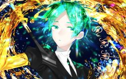 Rule 34 | 1other, androgynous, arrow (projectile), colored eyelashes, crystal hair, gem uniform (houseki no kuni), gold, golden arms, green eyes, green hair, hanata, houseki no kuni, looking at viewer, necktie, phosphophyllite, short hair, solo, spoilers, sword, upper body, weapon