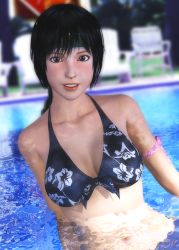 Rule 34 | 1990s (style), 1girl, 3d, bare shoulders, black hair, brown eyes, final fantasy, final fantasy vii, highres, looking at viewer, midriff, niioka, partially submerged, pool, retro artstyle, short hair, smile, solo, swimsuit, water, yuffie kisaragi