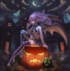 Rule 34 | 1girl, absurdres, bare arms, bare shoulders, belt, breasts, brown belt, candy, crescent moon, demon girl, demon wings, floating hair, food, fruit, ghost, hair tie, highres, holding, holding candy, holding food, holding lollipop, house, jack-o&#039;-lantern, lollipop, long hair, looking at viewer, medium breasts, melon, miniskirt, moon, nail polish, navel, night, original, outdoors, pink nails, pointy ears, pumpkin, sitting, skirt, skull, smile, solo, stomach, striped clothes, striped thighhighs, thighhighs, toeless legwear, wings, xue qi ye (dndtmbdue)