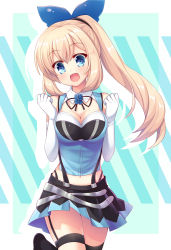 Rule 34 | 1girl, :d, absurdres, black skirt, black thighhighs, blue bow, blue eyes, blush, bow, breasts, cleavage, cleavage cutout, clothing cutout, collar, elbow gloves, garter straps, gloves, hair bow, hands up, highres, long hair, mashiro yuki, medium breasts, mirai akari, mirai akari project, navel, open mouth, ponytail, simple background, single thighhigh, skirt, smile, solo, standing, striped, striped background, thighhighs, virtual youtuber, white collar, white gloves