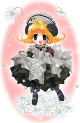 Rule 34 | 1girl, :d, beret, blonde hair, di gi charat, dress, frilled dress, frills, full body, green eyes, grey dress, hat, long sleeves, looking at viewer, lowres, mary janes, open mouth, pink background, piyoko, shoes, short hair, simple background, smile, solo