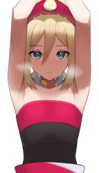 Rule 34 | 1girl, absurdres, armpits, arms up, blonde hair, blue eyes, blush, closed mouth, collar, collarbone, commentary request, creatures (company), frown, game freak, hair between eyes, hairband, highres, irida (pokemon), jewelry, looking at viewer, medium hair, neck ring, nintendo, pokemon, pokemon legends: arceus, presenting armpit, pyonsan, red hairband, red shirt, sash, shirt, solo, strapless, strapless shirt, sweat, upper body, white background