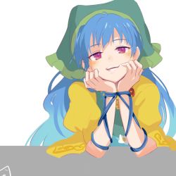 Rule 34 | 1girl, apron, arm rest, blouse, blue hair, blue ribbon, blush, commentary, floral print, green apron, green headwear, hands on own face, haniyasushin keiki, head rest, head scarf, highres, jewelry, long hair, looking at viewer, magatama, magatama necklace, necklace, open mouth, puffy short sleeves, puffy sleeves, red eyes, ribbon, shikushiku (amamori weekly), shirt, short sleeves, simple background, smile, solo, symbol-only commentary, table, teeth, touhou, upper body, white background, wrist ribbon, yellow shirt