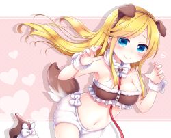 Rule 34 | 1girl, animal ears, between breasts, blonde hair, blue eyes, blush, breasts, brown footwear, chunithm, claw pose, closed mouth, collar, collarbone, dog ears, dog tail, fake animal ears, fingernails, floating hair, from side, furrowed brow, hairband, heart, high heels, leash, leg up, long hair, looking at viewer, medium breasts, navel, ogata arishiana, pink background, polka dot, polka dot background, sanotsuki, sharp fingernails, silhouette, smile, solo, swept bangs, tail, very long hair, viewer holding leash