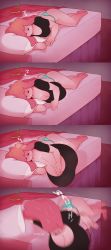 Rule 34 | 1girl, 4koma, absurdres, adventure time, alternate breast size, ass, bed, black shirt, blush, breast expansion, breasts, cleavage, collarbone, colored skin, comic, dabble, falling, feet, gigantic breasts, highres, huge breasts, humor, large breasts, long hair, motion blur, motion lines, panties, pillow, pink hair, pink skin, princess bonnibel bubblegum, shirt, striped clothes, striped panties, sweat, thighs, tiara, tiara removed, underwear