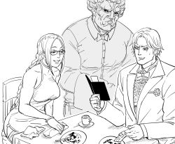 Rule 34 | american psycho, bad id, bag, bare shoulders, bb (baalbuddy), black sclera, bow, bowtie, braid, breasts, chair, closed mouth, colored sclera, commentary, crossover, cup, dress, english commentary, flower, glasses, akuma (street fighter), greyscale, handbag, highres, holding, inactive account, julia chang, large breasts, lee chaolan, long hair, long sleeves, looking at another, monochrome, on chair, parody, parted lips, plate, receipt, restaurant, sanpaku, short hair, simple background, sitting, smile, sweatdrop, teacup, tekken, tray, waiter, white background