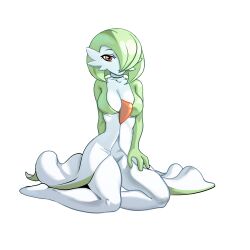 Rule 34 | 1girl, absurdres, arm behind back, black choker, breasts, choker, cleavage, closed mouth, collarbone, colored skin, creatures (company), expressionless, female focus, full body, game freak, gardevoir, gen 3 pokemon, green hair, green skin, hair over one eye, half-closed eyes, hand on own thigh, highres, legs, looking at viewer, medium breasts, multicolored skin, nintendo, one eye covered, pokemon, pokemon (creature), red eyes, short hair, simple background, sitting, solo, telepurte, thighs, transparent background, two-tone skin, white skin, yokozuwari