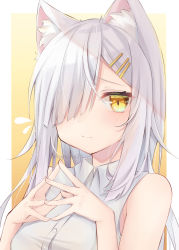 Rule 34 | 1girl, animal ear fluff, animal ears, bare shoulders, blush, breasts, collared shirt, commentary request, dress shirt, flying sweatdrops, grey hair, hair over one eye, highres, long hair, medium breasts, original, ringouulu, shirt, sleeves past wrists, solo, steepled fingers, twitter username, two-tone background, upper body, white background, white shirt, yellow background, yellow eyes