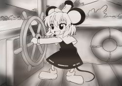 Rule 34 | 1girl, :d, animal ears, boat, disney, female focus, greyscale, hat, macaroni and cheese (artist), mickey mouse, monochrome, mouse ears, mouse tail, nazrin, open mouth, parody, retro artstyle, sepia, smile, solo, steamboat willie, steering wheel, tail, touhou, watercraft