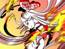 Rule 34 | 1girl, artist name, bad id, bad twitter id, blurry, bow, depth of field, fire, from behind, fujiwara no mokou, hair bow, hair ribbon, highres, long hair, looking at viewer, looking back, overalls, pale skin, red eyes, ribbon, shirt, short sleeves, signature, smile, solo, standing, touhou, upper body, very long hair, white hair, zoza