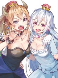 Rule 34 | 2girls, bare shoulders, black dress, blonde hair, blue eyes, bowsette, breast press, breasts, brooch, choker, claw pose, cleavage, collar, collarbone, crown, dress, elbow gloves, fingernails, frilled choker, frills, gloves, hair between eyes, hand on own hip, highres, horns, jewelry, large breasts, long fingernails, long hair, looking at viewer, luigi&#039;s mansion, mario (series), medium breasts, multiple girls, new super mario bros. u deluxe, nintendo, open mouth, pink eyes, pointy ears, pomu (joynet), ponytail, princess king boo, sharp teeth, silver hair, simple background, strapless, strapless dress, studded bracelet, studded collar, super crown, teeth, tongue, tongue out, white background, white dress, white gloves