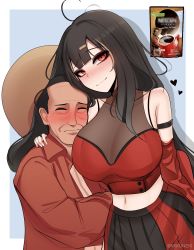 Rule 34 | 1boy, 1girl, absurdres, ahoge, armlet, bare shoulders, black hair, black skirt, blush, breasts, cleavage, closed mouth, hand on another&#039;s shoulder, hat, highres, jacket, large breasts, long hair, looking at viewer, midriff, mikuneki, multicolored clothes, multicolored hair, multicolored skirt, navel, nescafe, nose blush, old, old man, personification, red eyes, red jacket, red skirt, skirt, smile, streaked hair
