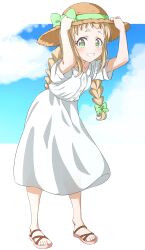Rule 34 | 1girl, blonde hair, bow, cloud, collarbone, crust gm0, day, dress, female focus, full body, green eyes, hair bow, hat, holding, inose mai, koisuru asteroid, long hair, no socks, open mouth, outdoors, sandals, short sleeves, sky, solo, standing, teeth