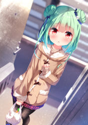 Rule 34 | 1girl, :o, bag, black pantyhose, blue bow, blue ribbon, blush, bow, brown jacket, brown sweater, butterfly-shaped pupils, carrot, chinomaron, door, double bun, earrings, fur-trimmed jacket, fur-trimmed sleeves, fur trim, green hair, hair bow, hair bun, hair ornament, hair ribbon, highres, holding, holding bag, hololive, jacket, jewelry, long sleeves, looking at viewer, open mouth, pantyhose, plaid, plaid skirt, plastic bag, red eyes, red skirt, ribbon, skirt, skull hair ornament, solo, standing, sweater, symbol-shaped pupils, uruha rushia, virtual youtuber