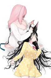 2girls absurdres animal_ear_fluff animal_ears barefoot black_hair blunt_bangs breasts cleavage closed_mouth feet fingernails fox_ears fox_girl glasses hair_between_eyes highres himesamanonete hoshimi_miyabi lap_pillow large_breasts light_blush long_hair multiple_girls pajamas pink_eyes pink_hair ring_hair_ornament sidelocks simple_background toes tsukishiro_yanagi white_background yuri zenless_zone_zero