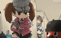 Rule 34 | 10s, 3girls, ^^^, arm warmers, bow, bowtie, broom, brown eyes, brown hair, commentary, dated, forehead protector, grey eyes, hachimaki, hair intakes, hamu koutarou, headband, highres, holding, japanese clothes, jintsuu (kancolle), kantai collection, kariginu, long hair, magatama, motion lines, multiple girls, open mouth, peeking out, pleated skirt, pun, remodel (kantai collection), ryuujou (kancolle), shaded face, shirt, silver hair, skirt, sweat, twintails, vacuum cleaner, visor cap, wavy hair, white shirt, yamagumo (kancolle)