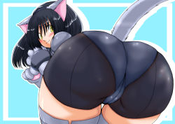 Rule 34 | 1girl, animal ears, animal hands, ass, ass focus, bad id, bad pixiv id, bent over, bike shorts, black hair, blush, cameltoe, cat ears, cat paws, cat tail, huge ass, looking back, panties, pantylines, pantyshot, see-through, short hair, solo, standing, tail, thigh gap, thighhighs, thighs, trefoil, underwear, white thighhighs, yellow eyes, za (artist)