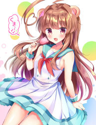 Rule 34 | 1girl, :d, adapted costume, ahoge, animal ears, aqua sailor collar, bad id, bad pixiv id, bear ears, blush, brown eyes, brown hair, candy, collarbone, dress, eighth note, fang, fingernails, food, highres, holding, holding food, huge ahoge, kantai collection, kuma (kancolle), lollipop, long hair, masayo (gin no ame), musical note, neckerchief, open mouth, red neckerchief, sailor collar, sailor dress, smile, solo, wrist cuffs