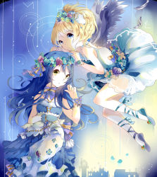 Rule 34 | 2girls, ayase eli, blonde hair, blue eyes, blue hair, blush, commentary request, dress, flower, flower wreath, hair flower, hair ornament, head wreath, huang bao b, long hair, looking at viewer, love live!, love live! school idol festival, love live! school idol project, multiple girls, sonoda umi