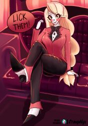 Rule 34 | 1girl, animification, black bow, black bowtie, black lips, blonde hair, blush, blush stickers, bow, bowtie, breasts, charlie morningstar, colored sclera, demon, demon girl, formal, hazbin hotel, hell, highres, jacket, long hair, looking at viewer, medium breasts, pale skin, red suit, smile, solo, stampnyx, suit, tuxedo, yellow sclera