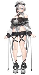 Rule 34 | 1girl, :|, absurdres, bare shoulders, black hair, black shorts, blue eyes, blunt bangs, blush, boots, breasts, cleavage, closed mouth, dot nose, full body, grey footwear, grey hat, groin, hair ornament, hairclip, hat, highres, hip vent, large breasts, long sleeves, looking at viewer, medium breasts, multicolored hair, off-shoulder leotard, off shoulder, original, short shorts, shorts, sidelocks, silver hair, simple background, solo, streaked hair, white background, yamanokami eaka, zipper