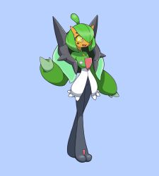 Rule 34 | + +, 1girl, absurdres, ahoge, arm at side, black skin, blue background, bob cut, bright pupils, colored skin, creatures (company), fang, female focus, flat chest, full body, fusion, game freak, gardevoir, gen 3 pokemon, green hair, green skin, hair over one eye, hand up, happy, highres, horns, legs, looking at viewer, mielle635, multicolored skin, nintendo, ogerpon, one eye covered, open mouth, orange horns, orange skin, pokemon, pokemon (creature), short hair, simple background, skin-covered horns, smile, solo, spikes, standing, waving, white pupils, yellow eyes