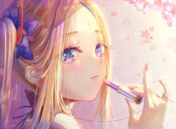 Rule 34 | 1girl, abigail williams (fate), bare shoulders, blonde hair, blue bow, bow, closed mouth, commentary request, cosmetics, fate/grand order, fate (series), floral background, flower, hair bow, hand up, holding, kinom (sculpturesky), lipstick tube, long hair, nail polish, pink lips, pink nails, portrait, purple eyes, sidelocks, solo, twintails, white flower